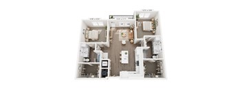 A floor plan of a house with three bedrooms, a living room, a kitchen, and a bathroom.