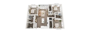 A floor plan of a small apartment with a kitchen, living room, and two bedrooms.