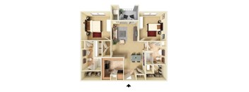 A floor plan of a house with a kitchen, living room, and two bedrooms.