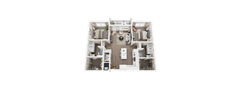 A top-down view of a house layout with a kitchen, living room, and two bedrooms.