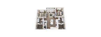 A top-down view of a small apartment with two bedrooms, a living room, and a kitchen.