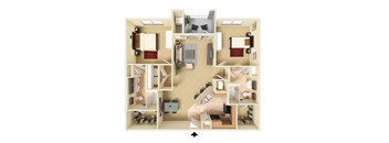 A detailed 3D floor plan of a two-bedroom apartment.