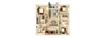 A 3D floor plan of a small apartment with two bedrooms, a living room, and a kitchen.