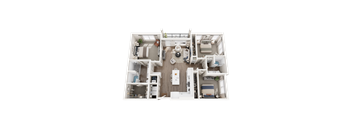 A 3D floor plan of a small apartment with a kitchen, living room, and bedroom.
