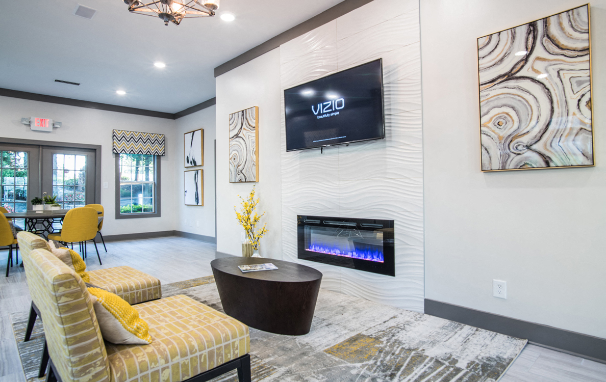 Clubroom with Modern Furniture and Electric Fireplace, The Columns at Club Drive, Duluth, Georgia 30096