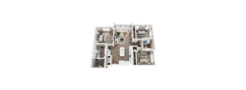 A 3D floor plan of a house with a kitchen, living room, and two bedrooms.