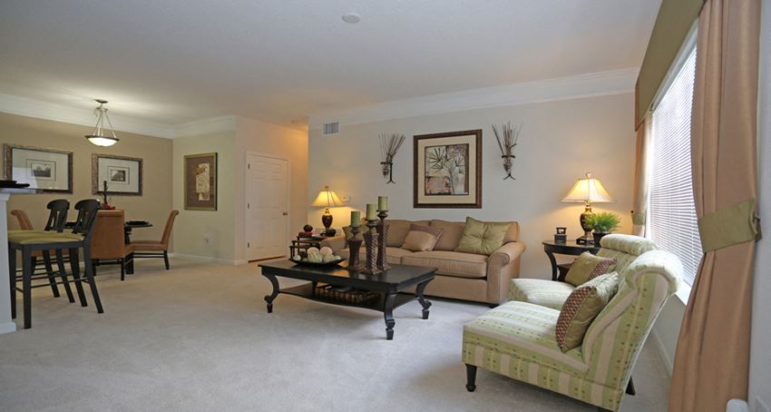 Spacious living room with crown molding at The Columns at Cypress Point, Wesley Chapel, FL