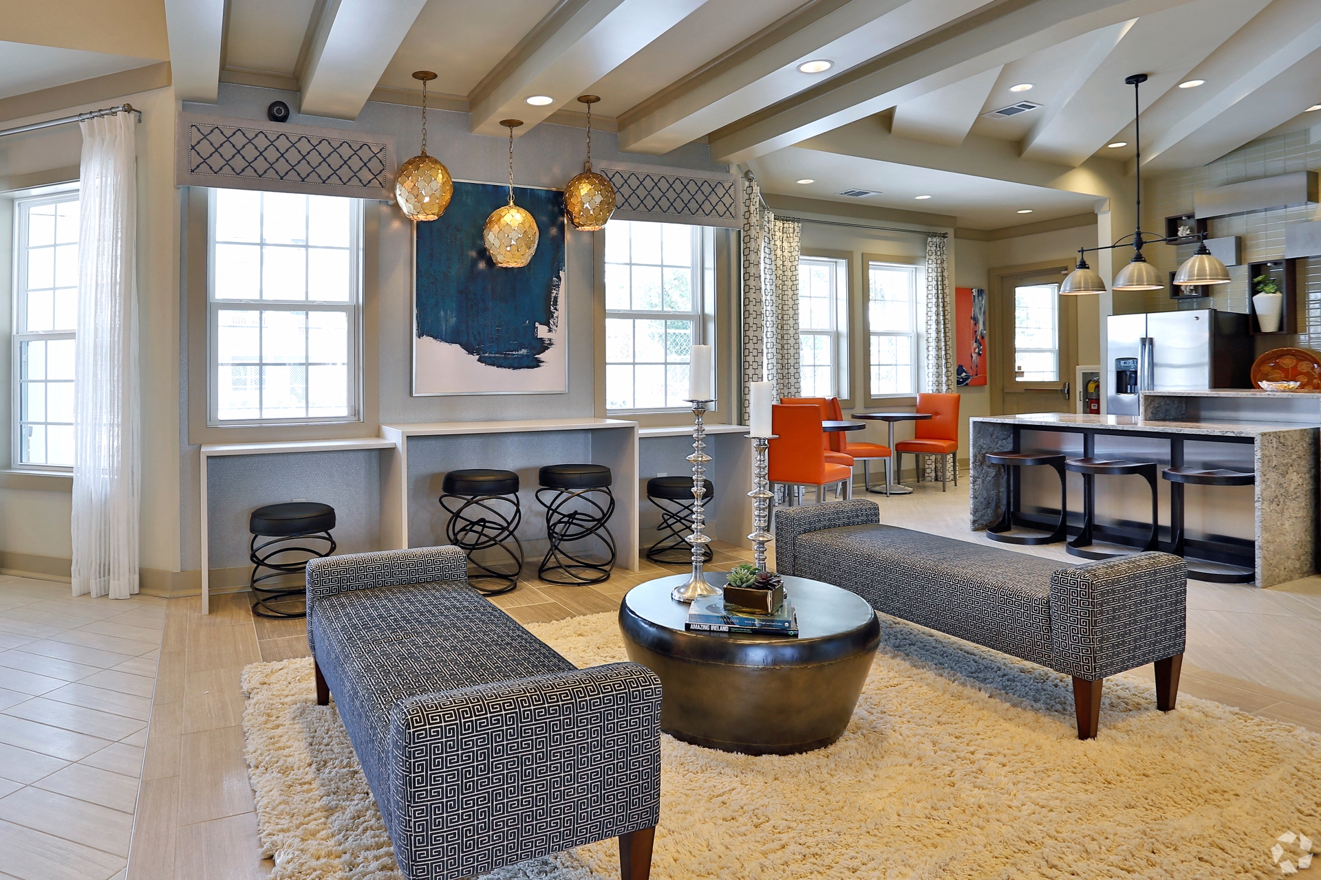 Posh lounge seating in clubhouse at The Columns at Coldbrook Station, Georgia
