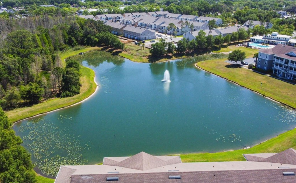 an aerial view of a lake with a fountain and buildings in the background