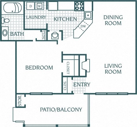 888 sq.ft. 1 bedroom 1 bathroom floor plan A at The Columns at Paxton Lane, Lilburn, Georgia
