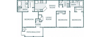1,405 sq.ft. 3 bedroom 2 bathroom floor plan A at The Columns at Paxton Lane, Lilburn, GA