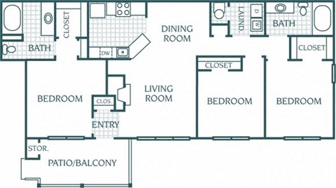 1,405 sq.ft. 3 bedroom 2 bathroom floor plan A at The Columns at Paxton Lane, Lilburn, GA