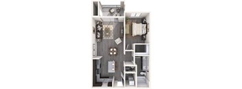 A small apartment with a kitchen, living room, and bathroom.