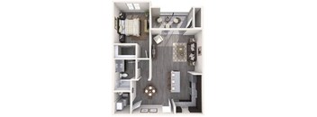 A small apartment with a kitchen, living room, and bathroom.