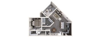 A cutaway view of a house showing the interior of the kitchen, living room, and bathroom.
