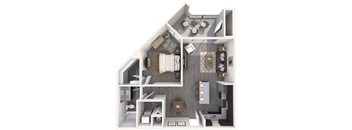 A 3D floor plan of a small apartment with a kitchen, living room, and bathroom.