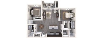 A 3D floor plan of a small apartment with a kitchen, living room, and two bedrooms.