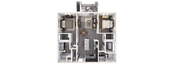 A 3D floor plan of a small apartment with a kitchen, living room, and bedroom.