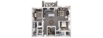 A 3D floor plan of a small apartment with a kitchen, living room, and bedroom.