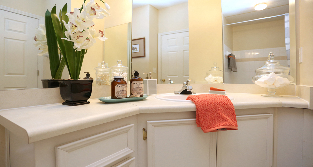Main bathroom with ample counter space and white cabinetry at The Columns at Hiram, 6736 Bill Carruth Pkwy, Hiram, GA