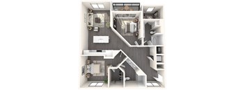 Furnished, open layout with two bedrooms, two bathrooms, kitchen, a living room, and balcony  |  Inscription Channel District
