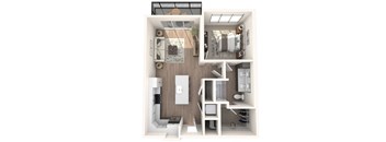 Furnished, open layout with one bedroom, one bathroom, kitchen, a living room, and balcony  |  Inscription Channel District