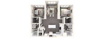 Furnished, open layout with two bedrooms, two bathrooms, kitchen, and a living room  |  Inscription Channel District