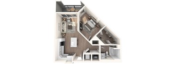 Furnished, open layout with one bedroom, one bathroom, kitchen, a living room, and balcony  |  Inscription Channel District