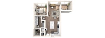 Furnished, open layout with one bedroom, one bathroom, kitchen, a living room, and den  |  Inscription Channel District