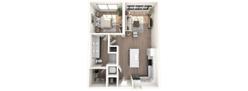Furnished, open layout with one bedroom, one bathroom, kitchen, a living room, and Juliet balcony  |  Inscription Channel District