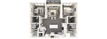 Furnished, open layout with two bedrooms, two bathrooms, kitchen, a living room, and balcony  |  Inscription Channel District
