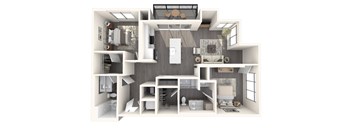 Furnished, open layout with two bedrooms, two bathrooms, kitchen, a living room, and balcony  |  Inscription Channel District