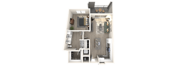 One bedroom - furnished, open floorplan with a bedroom, bathroom, living room and balcony