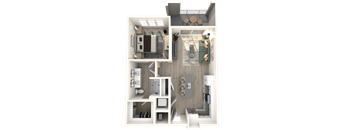 One bedroom - open layout floorplan with a bedroom, bath, living room and balcony