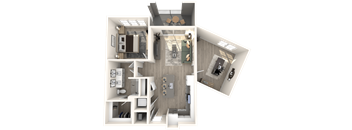 open floorplan with a bedroom, bath, large den, living room and balcony