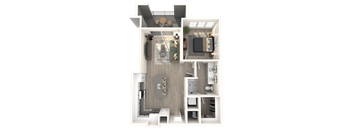 One bedroom - furnished, open floorplan with a bedroom, bathroom, living room and balcony