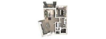 One bedroom - furnished, open floorplan with a bedroom, bathroom, living room and balcony