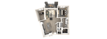 One bedroom - furnished, open floorplan with bedroom, bathroom, den, a living room, and balcony