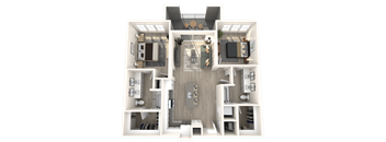 Two bedroom - furnished, open floorplan with two bedrooms, two bathrooms, a living room and balcony