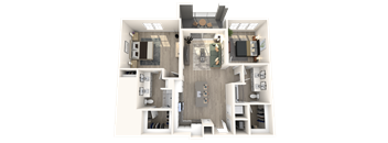 Two bedroom - furnished, open floorplan with two bedrooms, two bathrooms, a living room and balcony