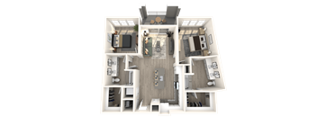 Two bedroom - furnished, open floorplan with two bedrooms, two bathrooms, a living room and balcony