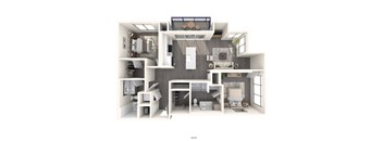 Furnished, open layout with two bedrooms, two bathrooms, a kitchen, living room and balcony