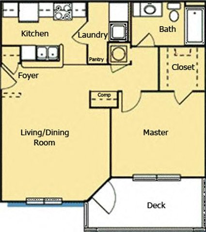 1 Bed 1 Bath Floor Plan at Houma Highlands, Houma, 70360