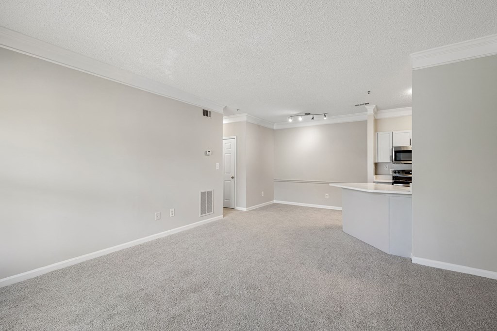 a spacious living room with a kitchen in the background