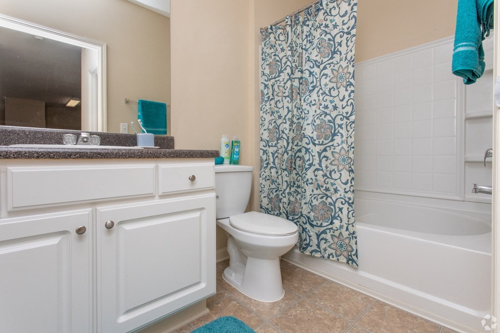 Bright guest bathroom with modern décor at The Columns at Oakwood, 2102 Education Way, Oakwood, GA 30566