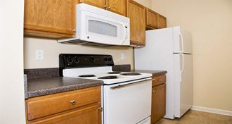 Fully equipped kitchen with over-the-range microwave at The Columns at Oakwood, 30566