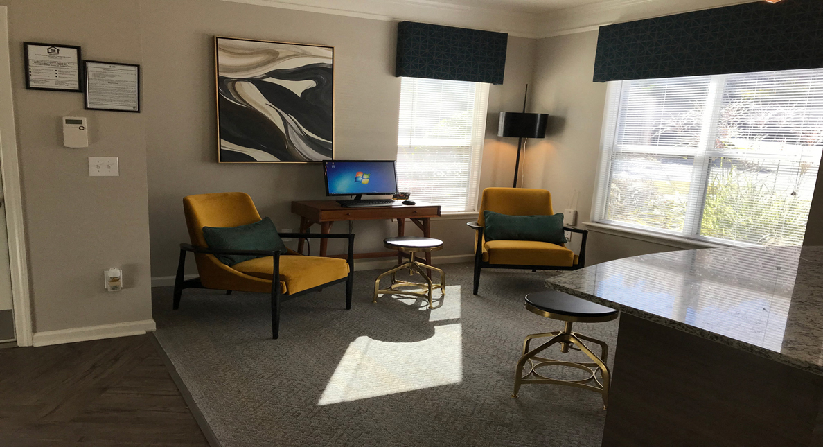 Inviting leasing office with modern décor at The Columns at Oakwood, Oakwood, GA