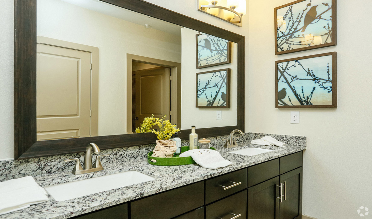 Upscale bathroom with granite counters and dual vanity, The Columns at Shadow Creek Ranch, TX 77584
