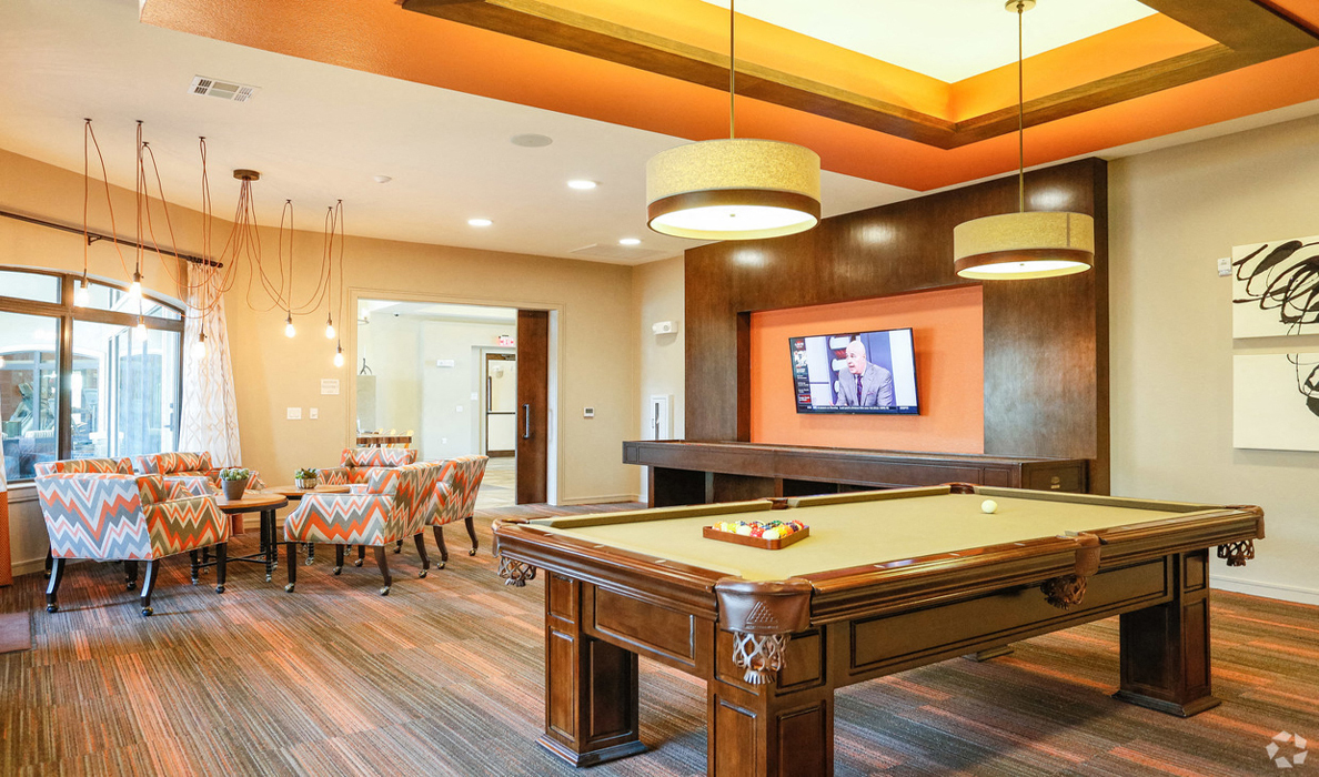 Eclectic  game room with billiard table and shuffleboard, The Columns at Shadow Creek Ranch, 12325 Shadow Creek Parkway, Pearland, Texas 77584