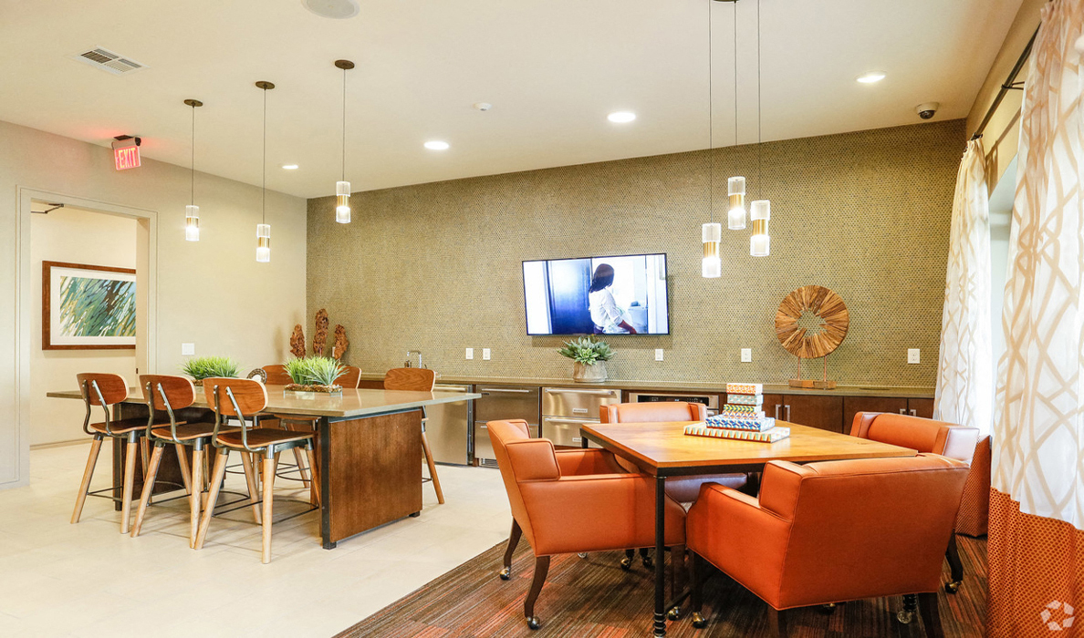 Hospitality lounge with seating and kitchenette, The Columns at Shadow Creek Ranch, Pearland